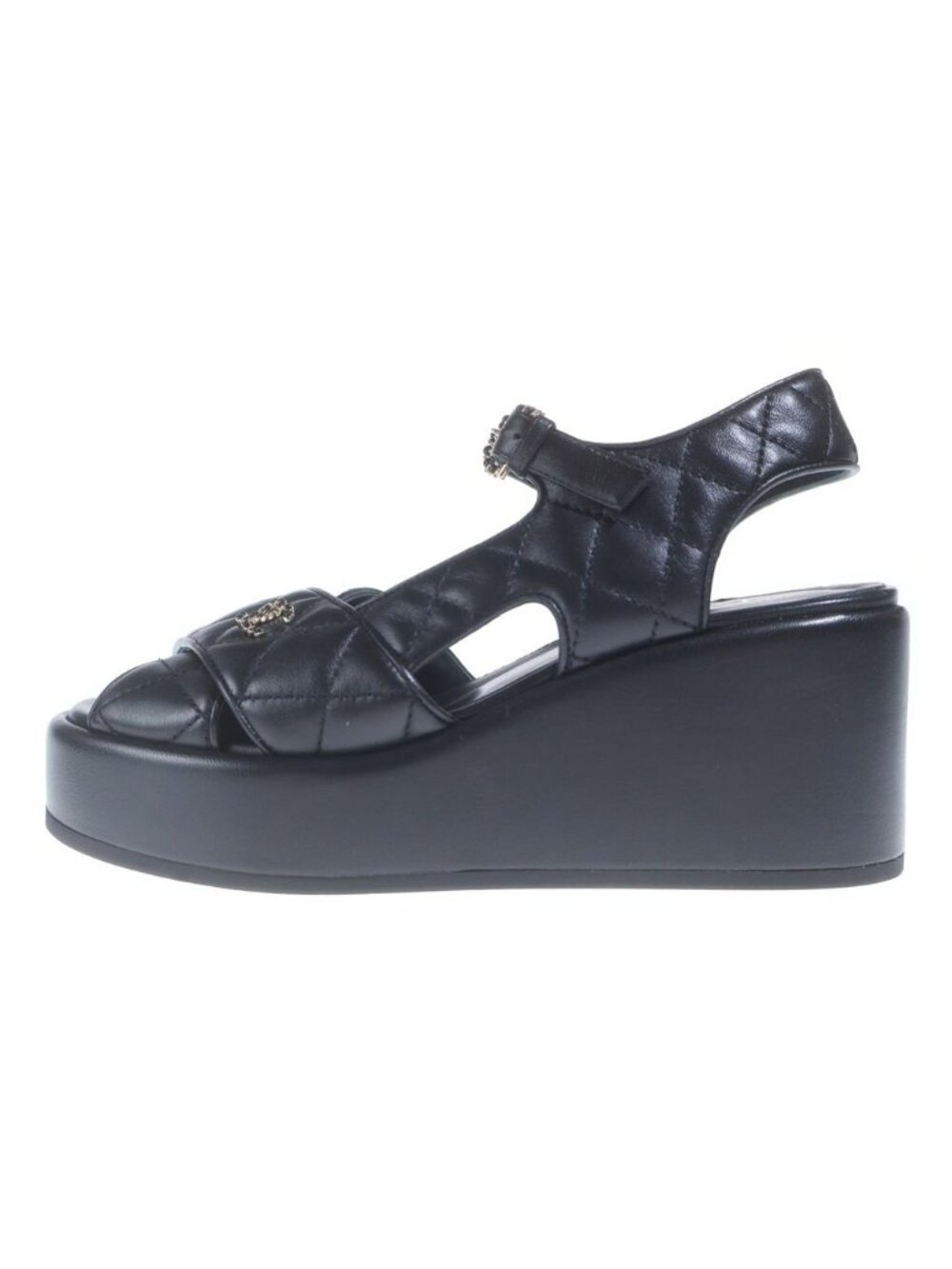Chanel Quilted CC Logo Sandals Thick Sole Black Lambskin 36 1 2C